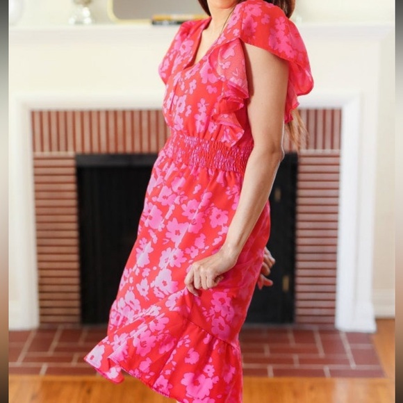 NEW Remember Me Red & Pink Floral Print Smocked Waist Midi Dress - Picture 5 of 14